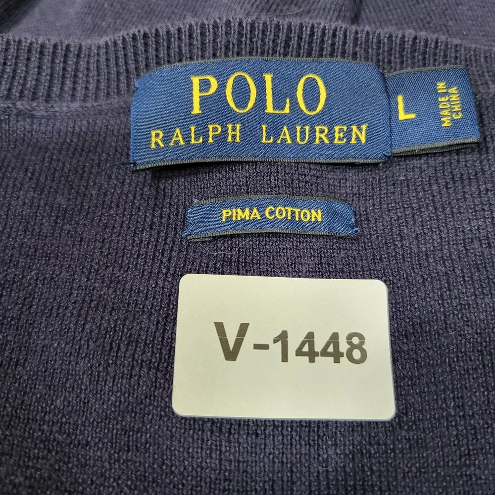 Polo Ralph‎ Lauren Men Sweater Large Blue Pima Cotton Logo Embroidered V Neck
